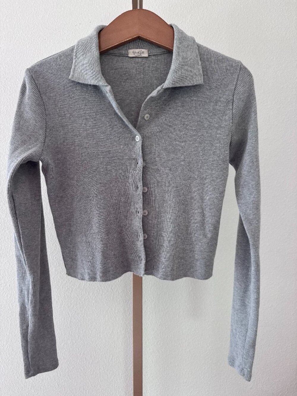 John Galt Brandy Melville Ribbed Button Down Top Gray Long Sleeve